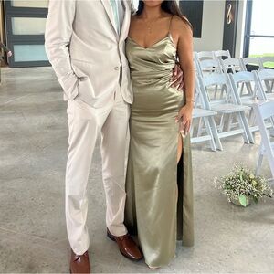 Birdy Grey CATHERINE DRESS SHINY SATIN MOSS GREEN Formal V-Neck Dress